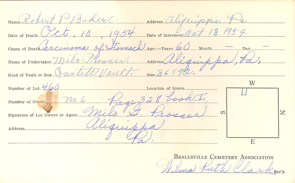 Robert P. Baker burial card